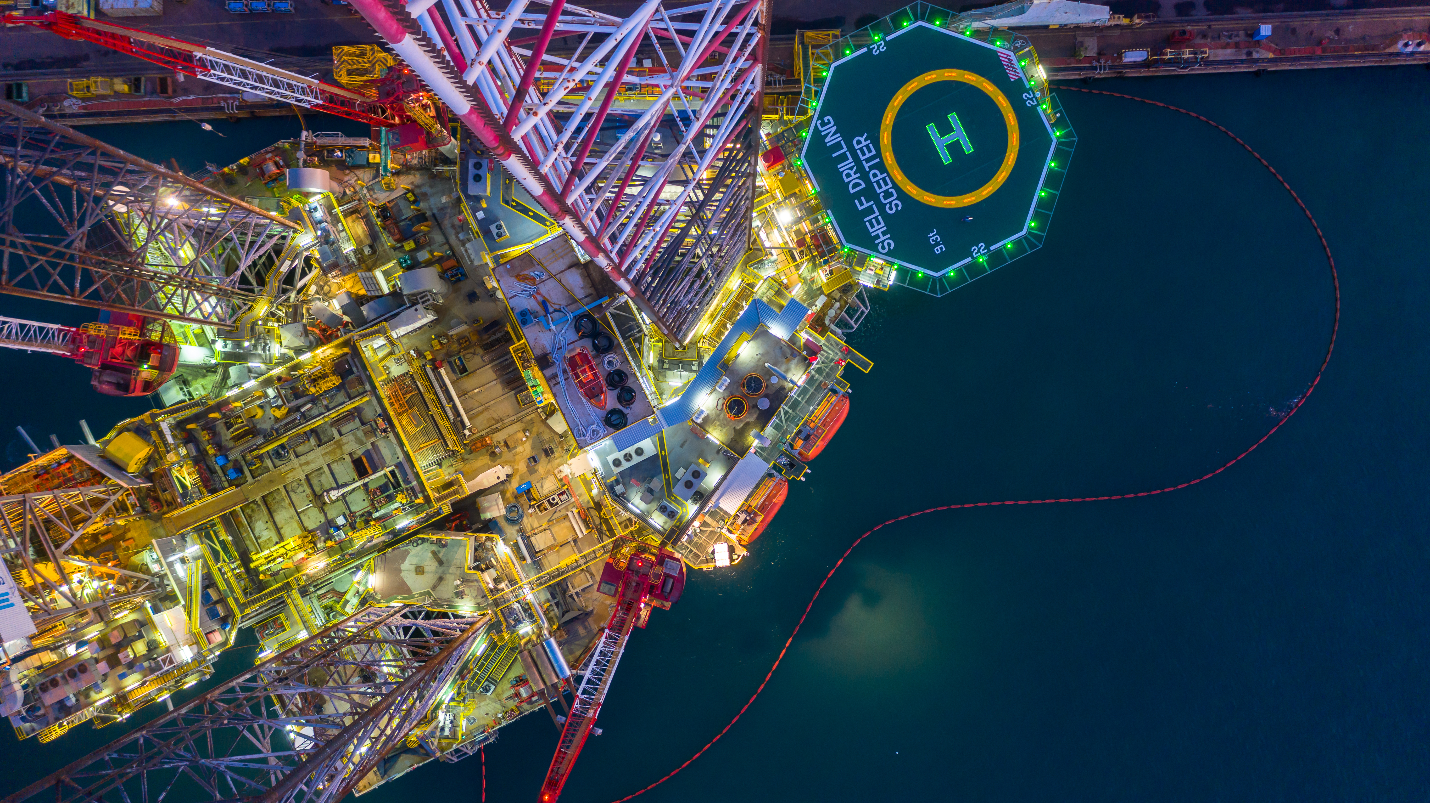 Top view of an oil rig at sea