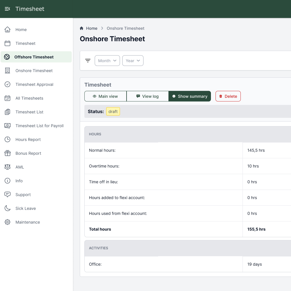 Markular's Timekeeper offshore timesheet screen