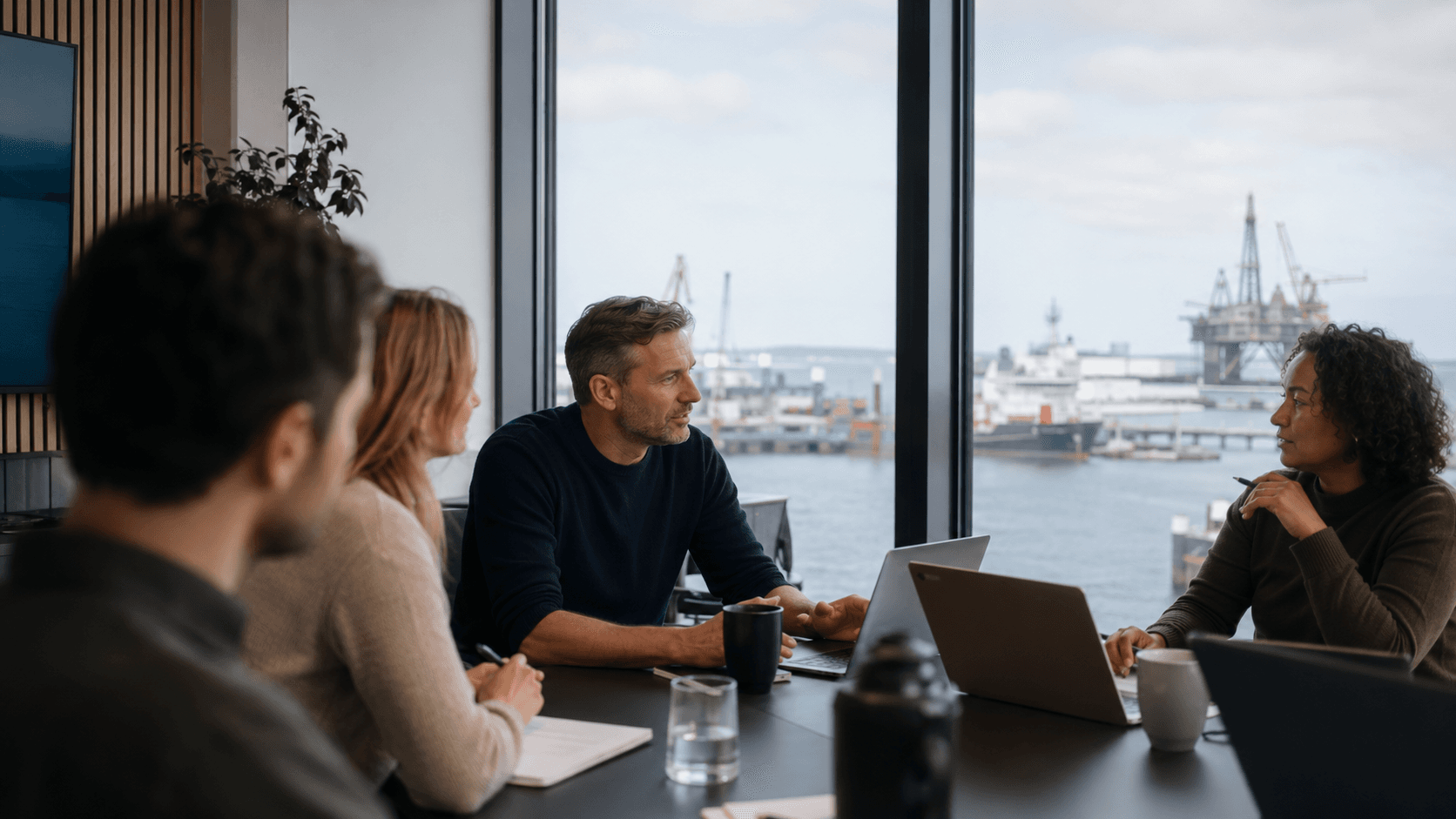 Four colleagues with laptops around a meeting table in a modern office, with large windows behind them overlooking a harbour and offshore oil platforms