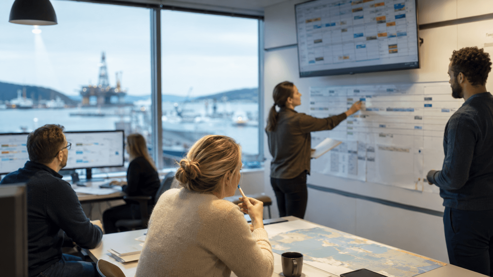 A team in a modern office gathered around a colour-coded planning board, laptops on the table, with an offshore oil rig and harbour visible through the windows