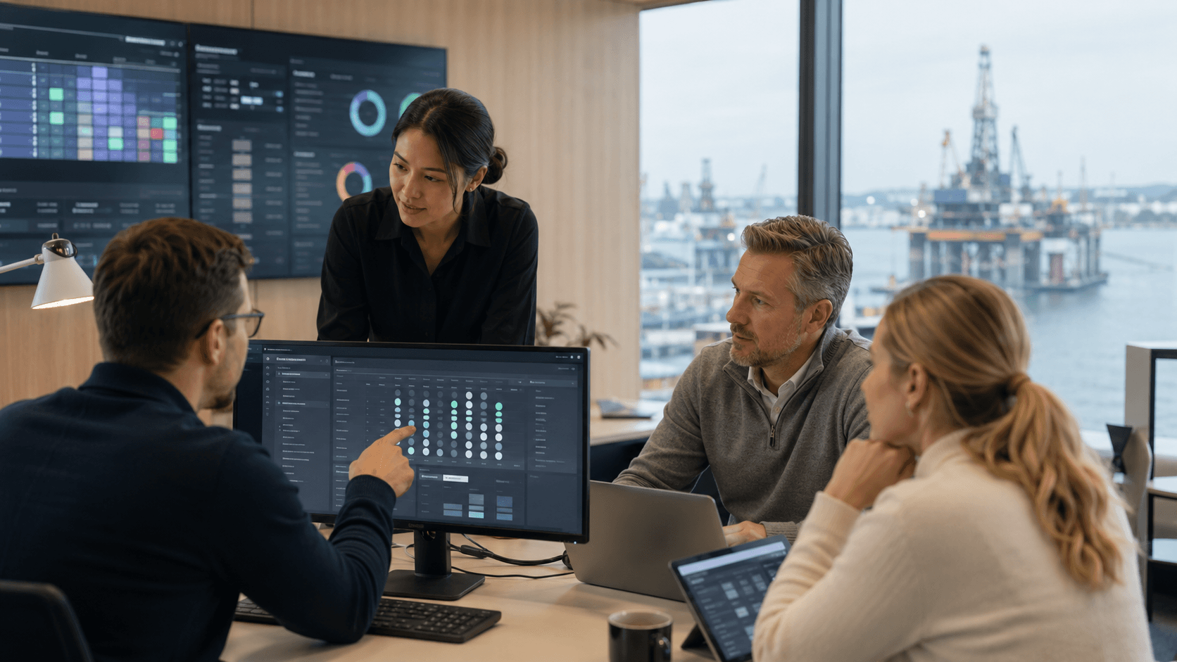 A team in a modern office reviewing a competency matrix on a monitor, with more skills dashboards on wall screens and an offshore rig and harbour through the window