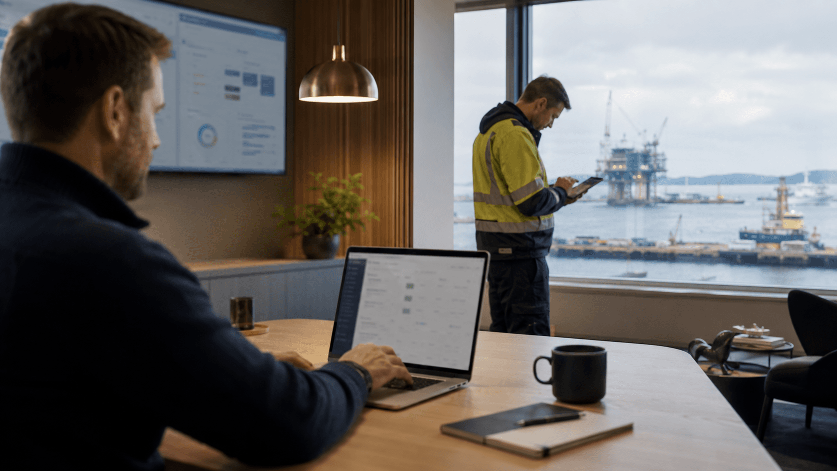 A coordinator reviewing work hours on a laptop in a modern office while an offshore worker in hi-vis logs time on a tablet by the window, with a rig and harbour beyond