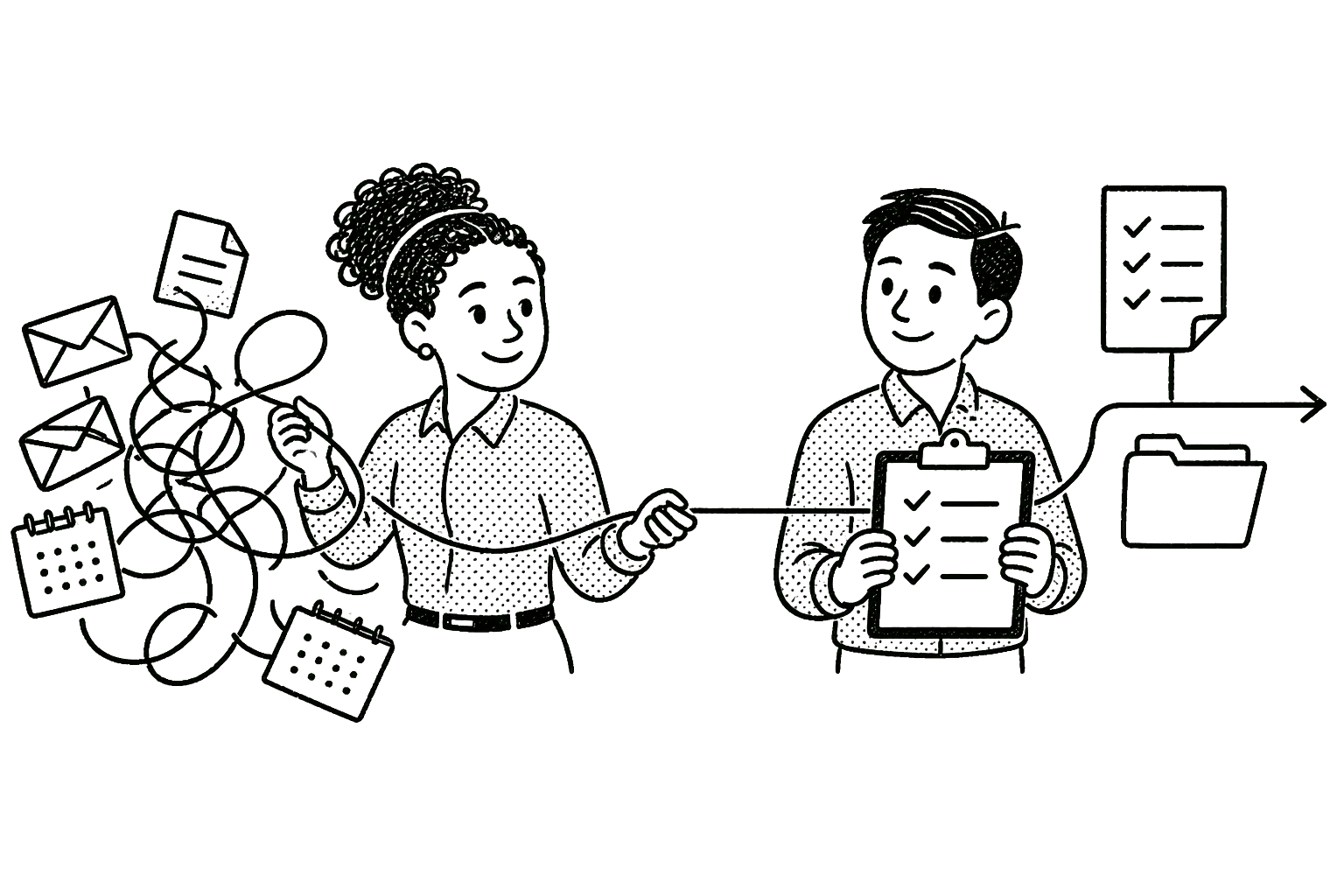 Two personnel coordinators turn a tangle of messages, calendars and documents into one clear, shared workflow.