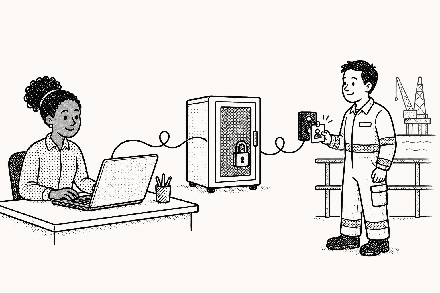 A personnel coordinator works with securely stored personnel data while an offshore worker uses an ID badge for authorised access.