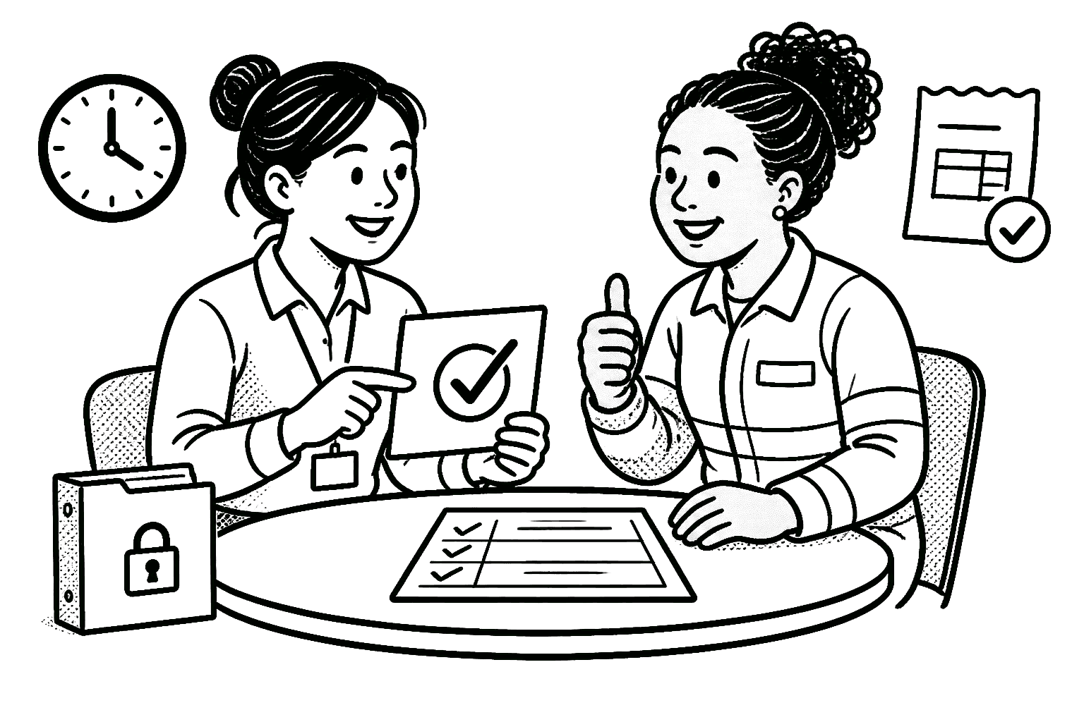 A personnel coordinator and an offshore worker confirm the same information at a table with a clock, checklist and locked document folder.